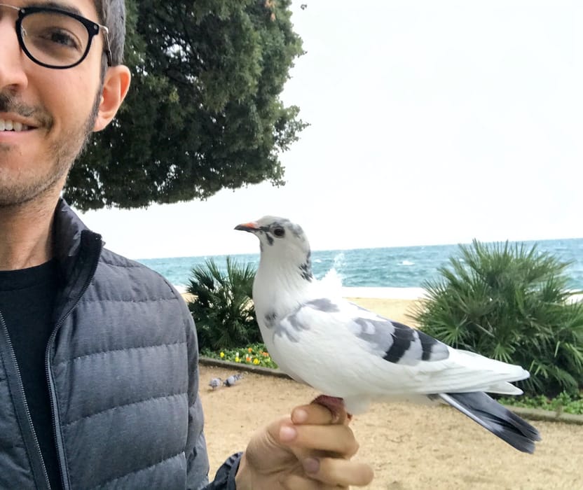 Rocky holding Jesse the pigeon in Croatia