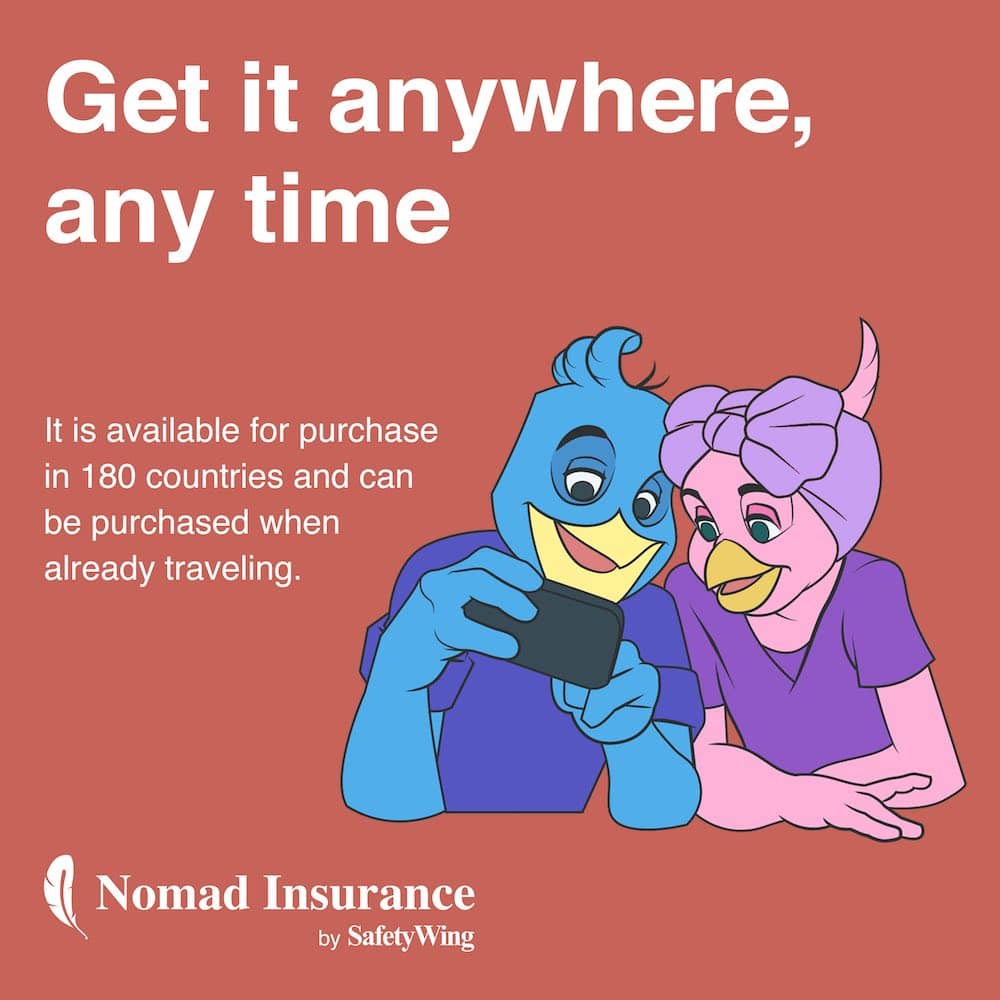 SafetyWing is available for purchase in 180 countries and can be purchased while already traveling.