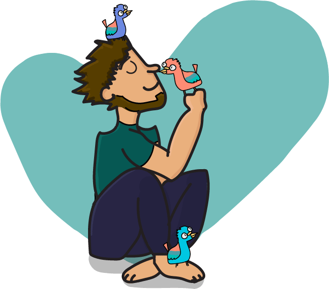 An illustration of Rocky with a bird on his head