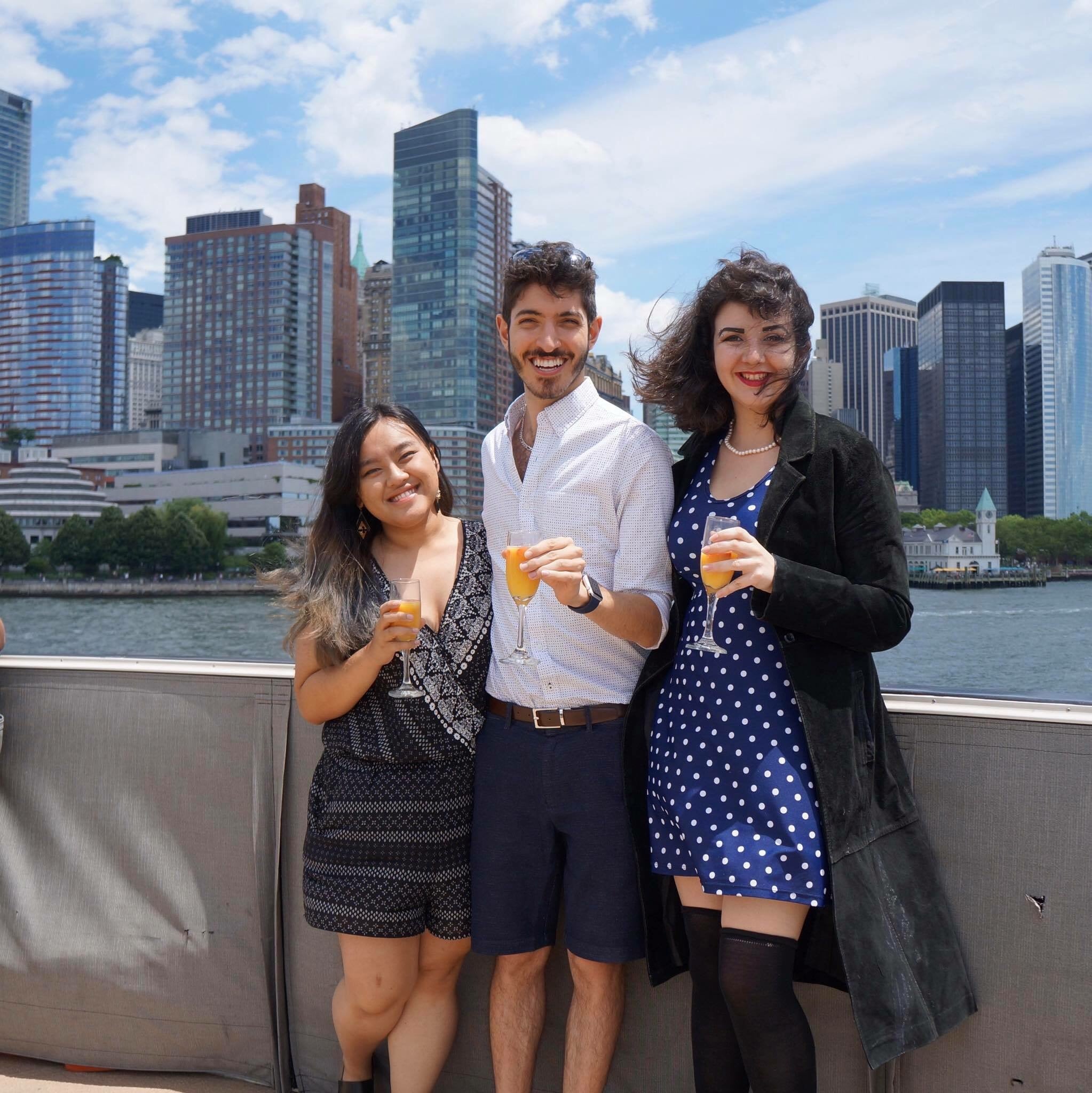 Rocky and friends with a city skyline behind them