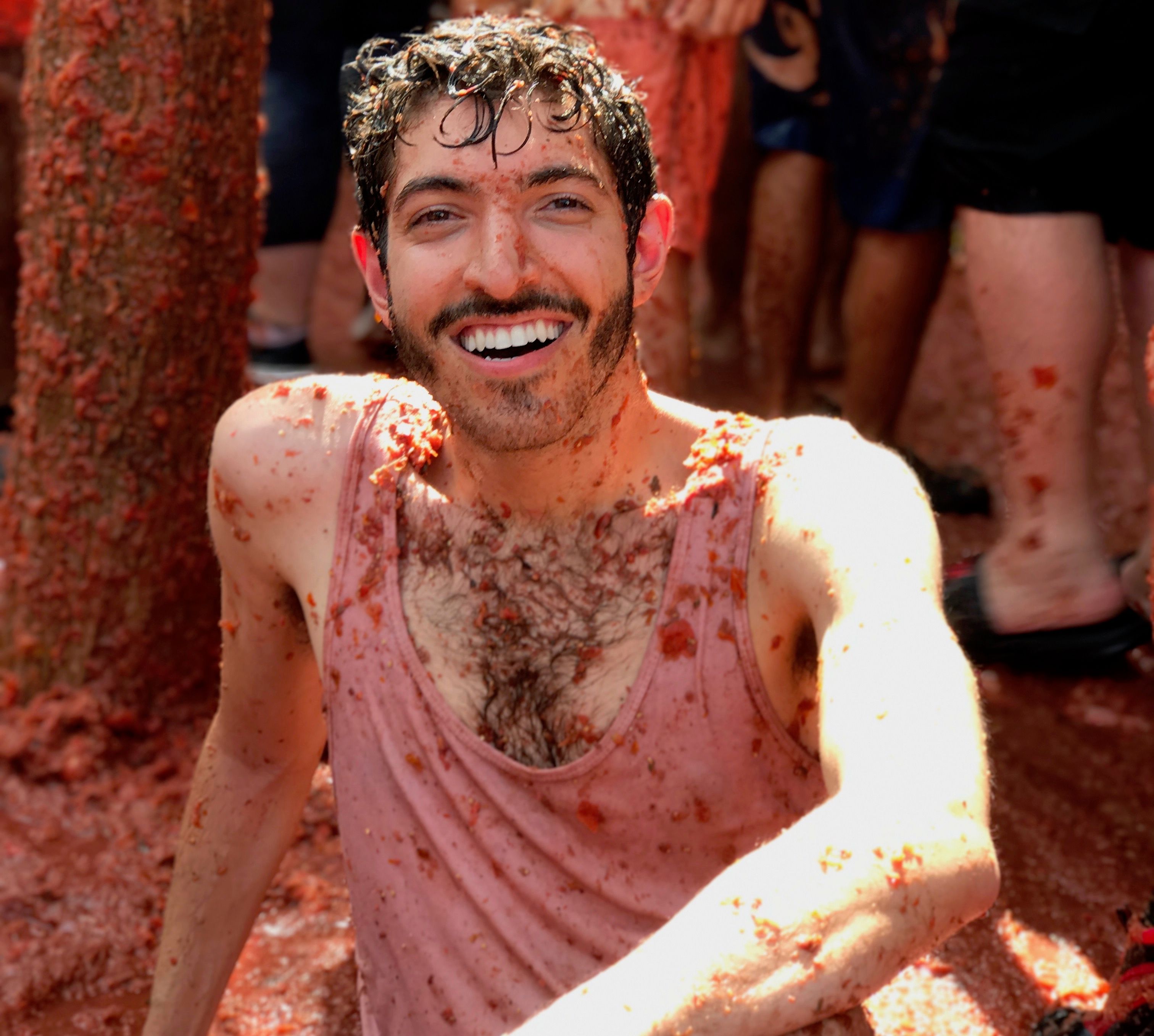 Rocky laughing during a messy celebration