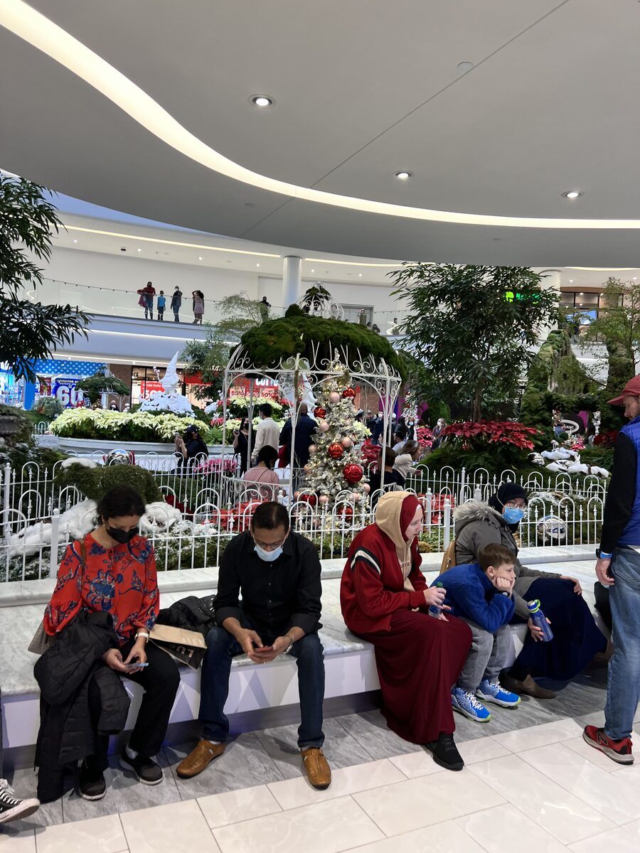 People in face masks sitting on benches in front of an indoor holiday garden display