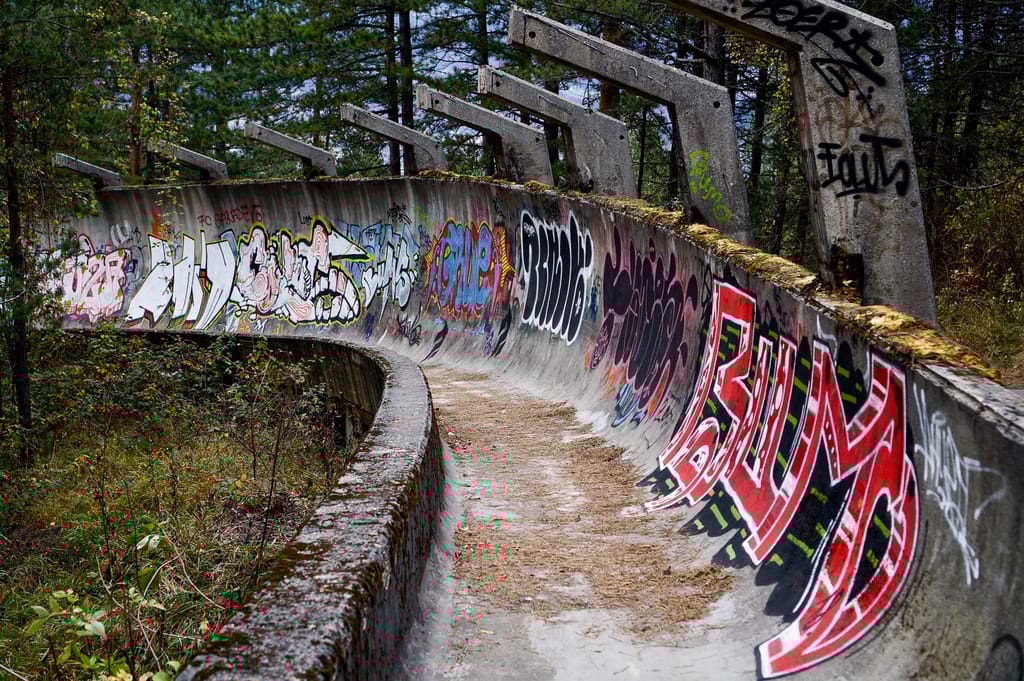 Graffiti lines the Bosnian Bobsleigh Tracks