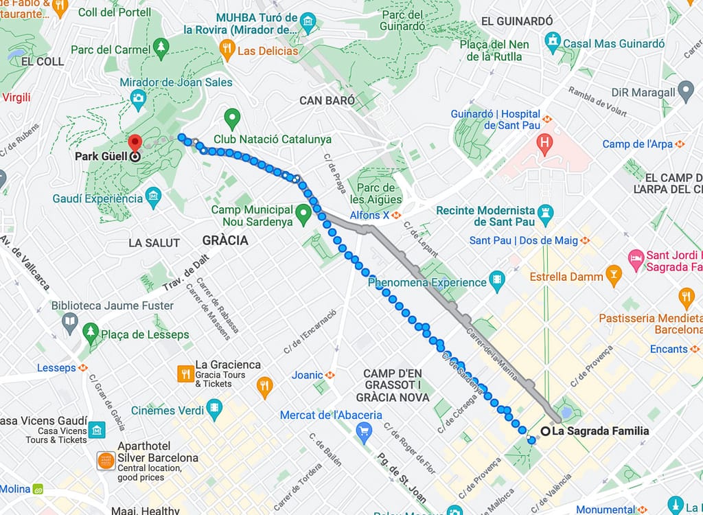 Sagrada Familia to Park Guell map