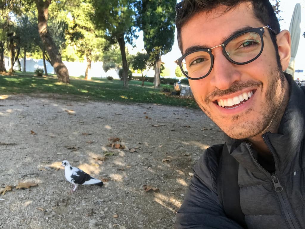 Rocky by the water with a pigeon on the ground behind him