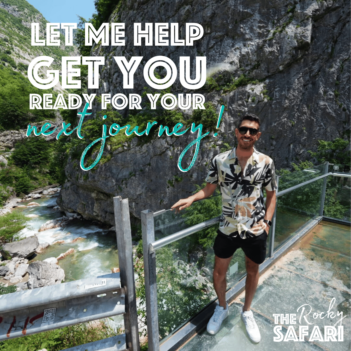 Rocky on a glass walkway above a canyon river — Let me help get you ready for your next journey!