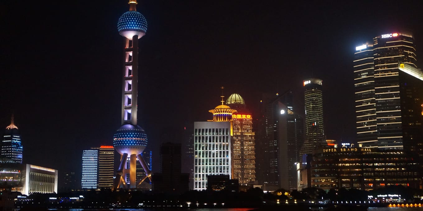 The Oriental Pearl Tower lit up at night