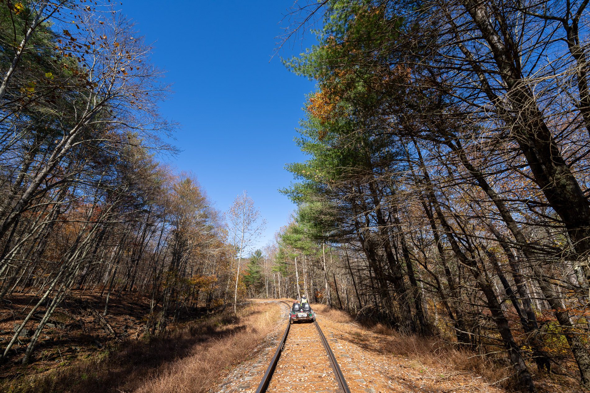 An old railway line running away into autumn woods in the Pocono Mountains