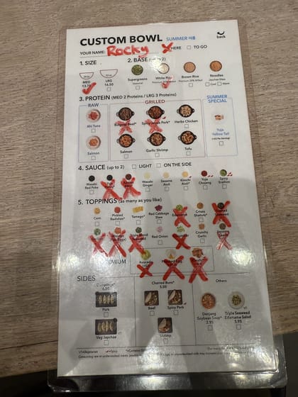 A red poke custom bowl order card in a plastic sleeve, with Rocky's name and his choices marked in red