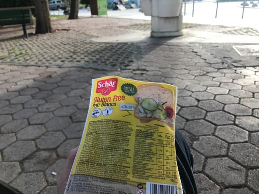A snack on a bench between buses