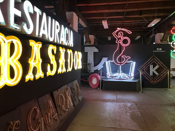 A wall of restored Cold War era neon signs glowing in the dark