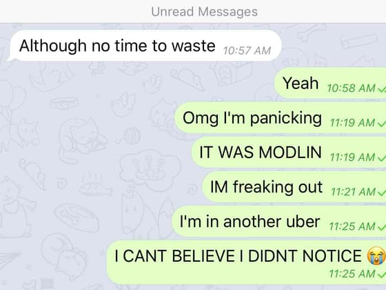 A phone screenshot of frantic messages sent on the way to Modlin airport