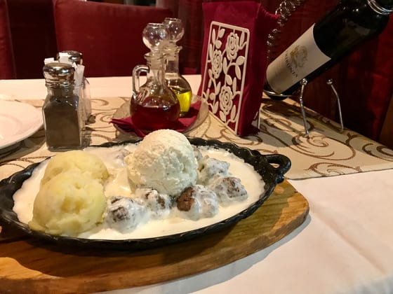 Meatballs in cream sauce at a Sarajevo restaurant