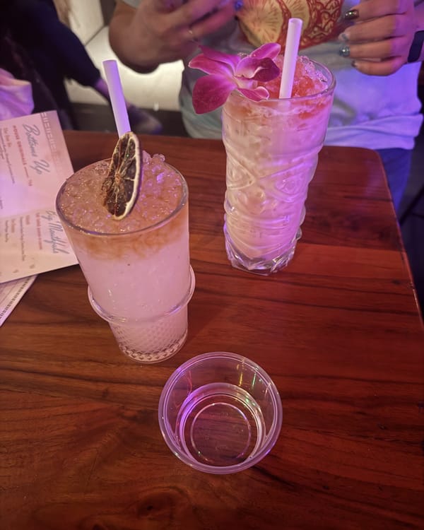 Two frosty tiki cocktails on the bar, one garnished with a dried orange wheel, the other with a pink orchid