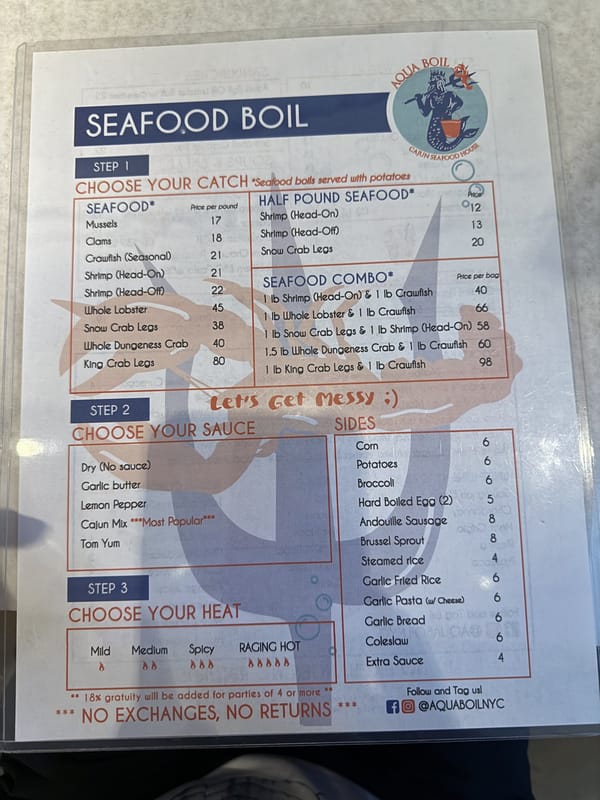 The Aqua Boil seafood boil menu