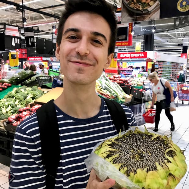 Rocky holding a fresh sunflower head full of seeds