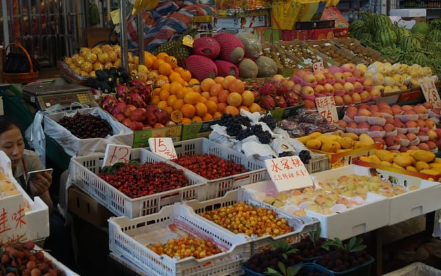 A fruit display at a farmers market in Suzhou