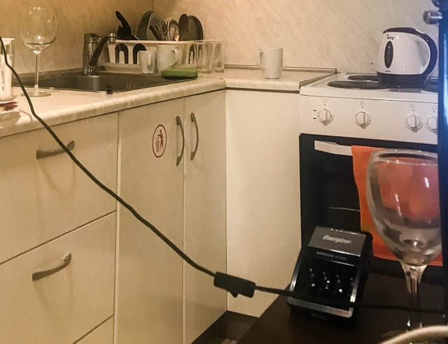 The kitchen layout — and the desk.