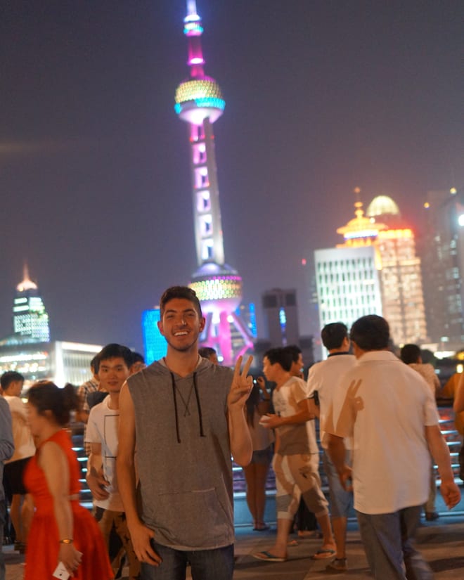 Rocky at The Bund with the Oriental Pearl Tower behind him