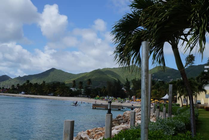 Palms, a jetty and a very quiet stretch of water.