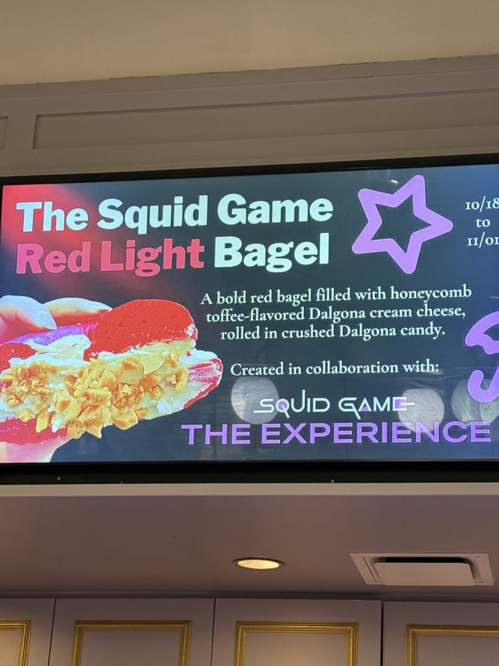 Digital menu board for The Squid Game Red Light Bagel at Ess-a-Bagel