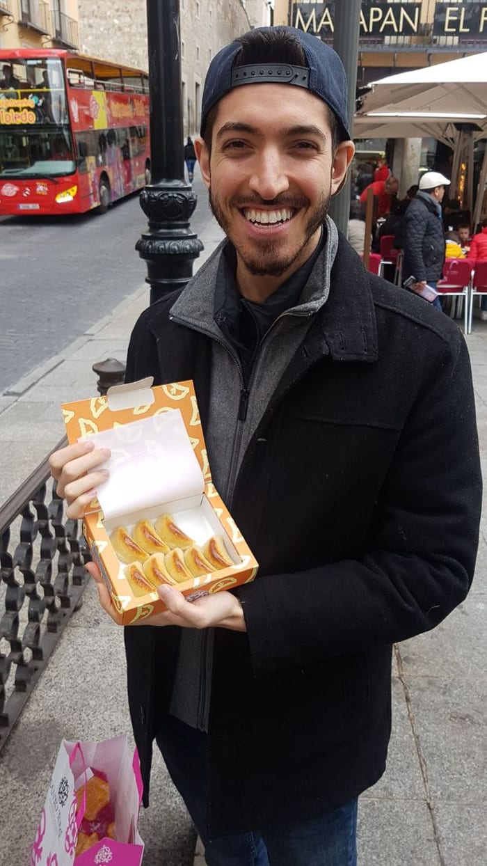 Rocky in Toledo with a box of marzipan