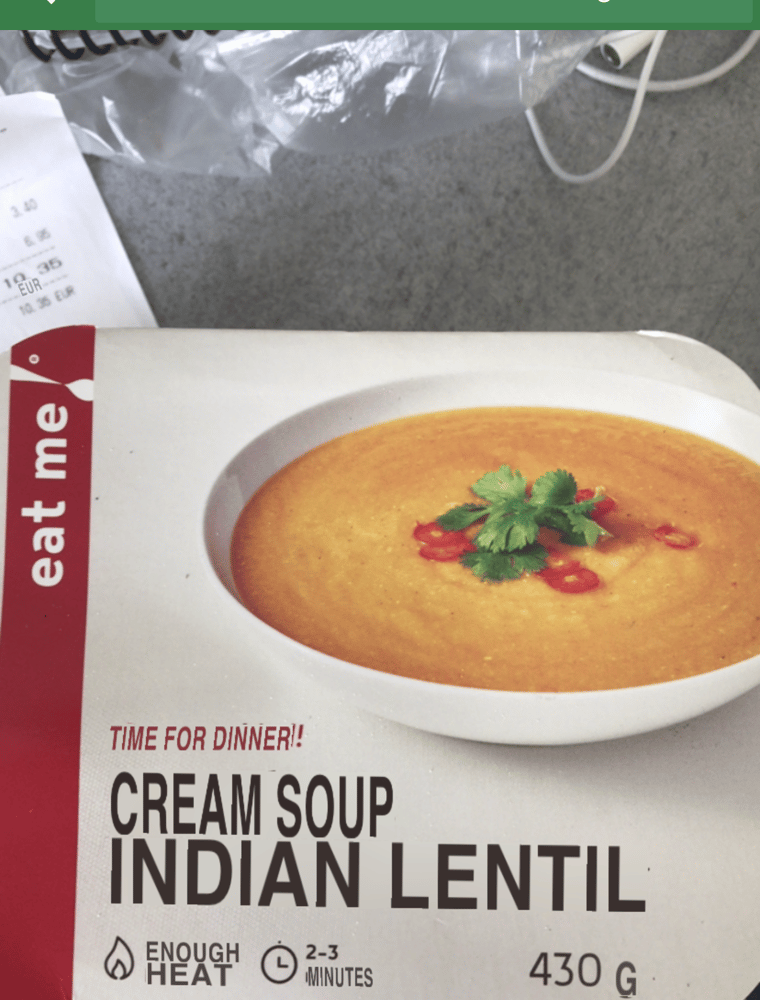 A carton of Indian cream of lentil soup bought in a Warsaw supermarket
