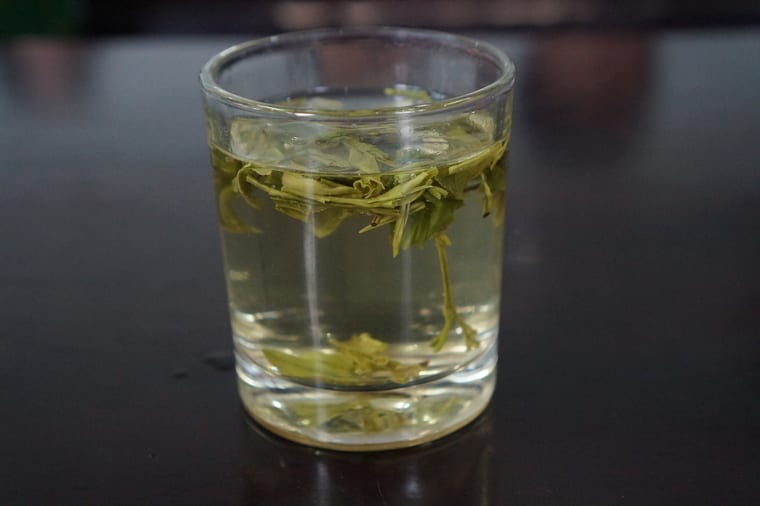 Green tea steeping in a glass