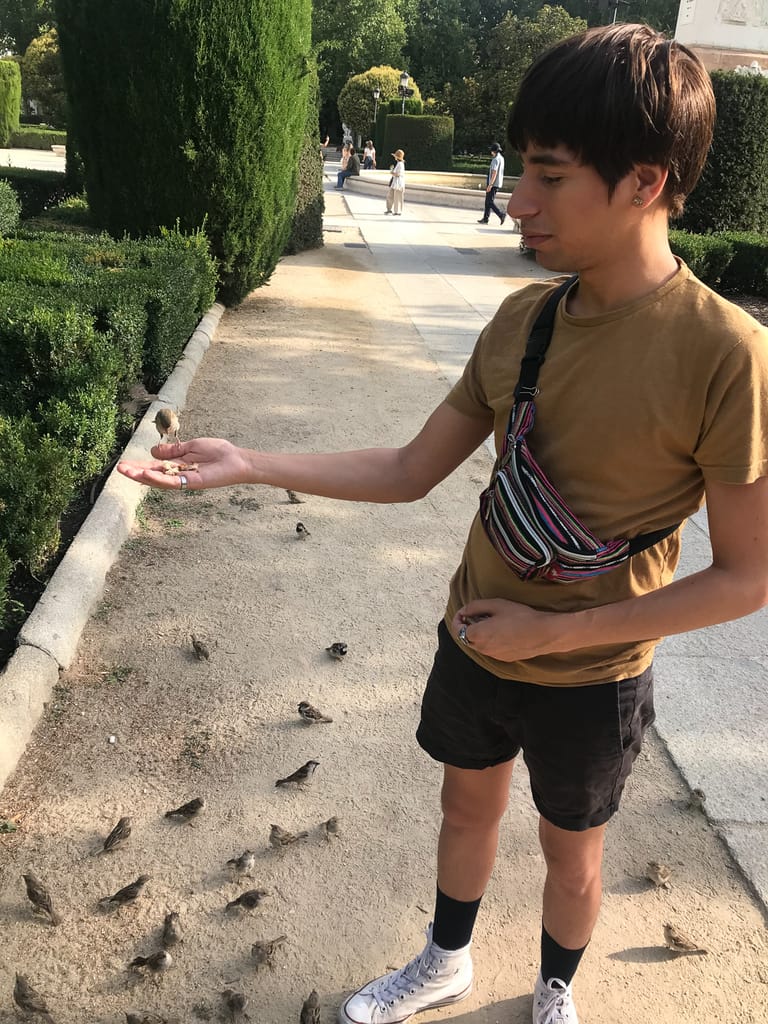 Showing friends the sparrows I tamed