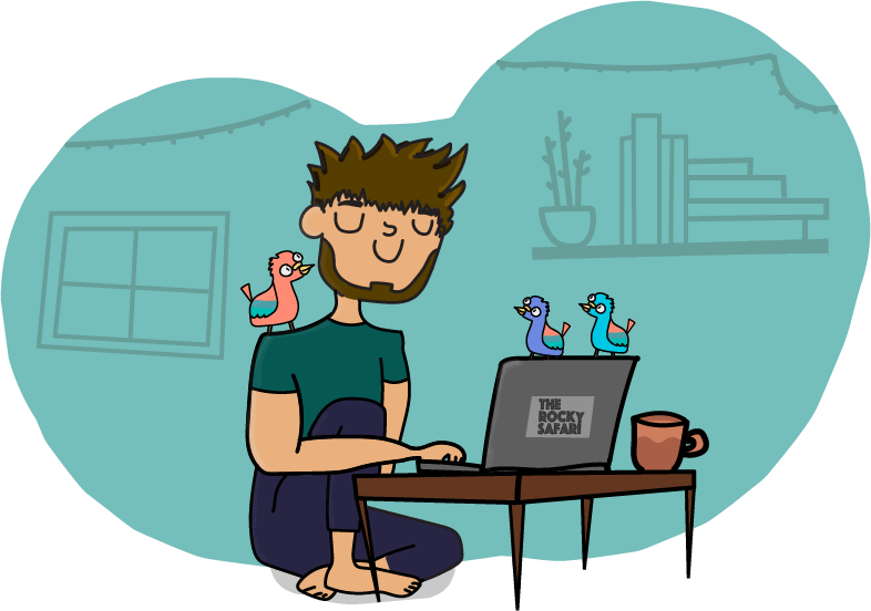 Illustration of Rocky blogging at a laptop with birds nearby