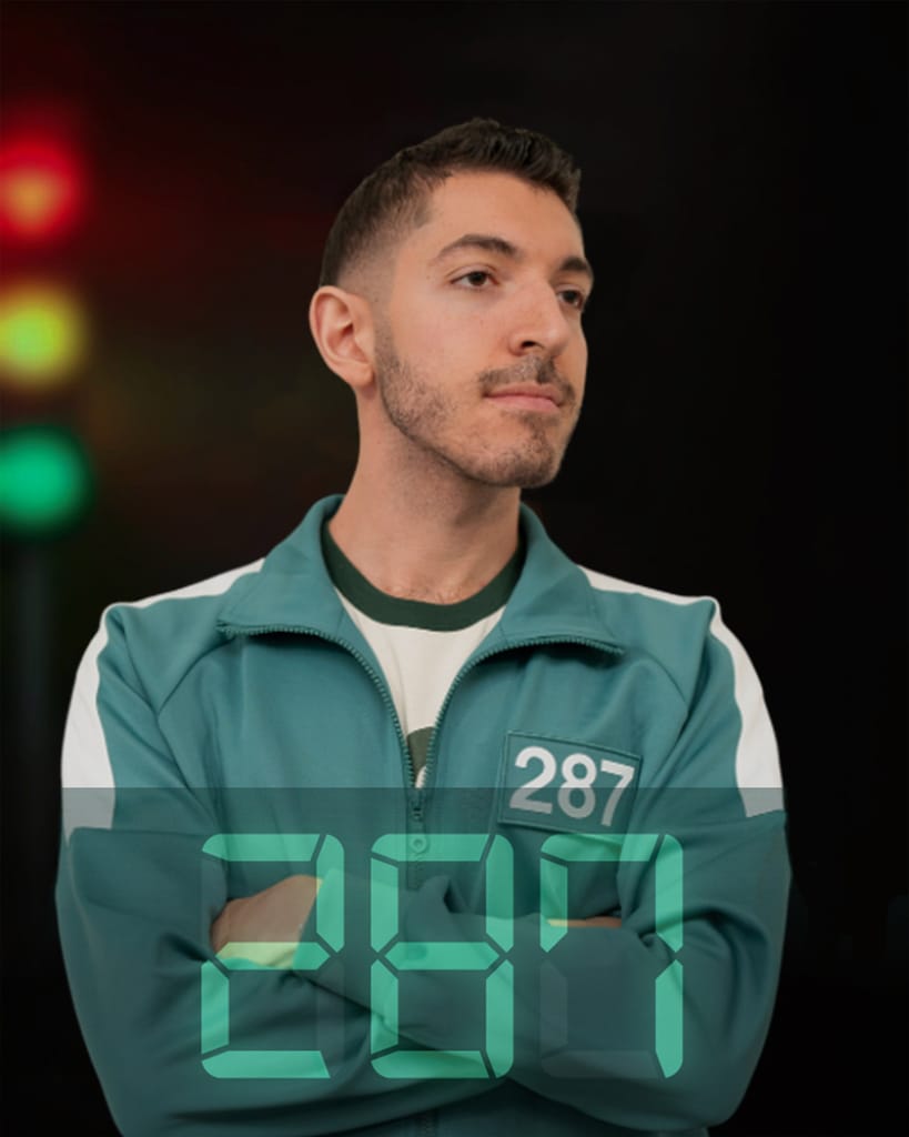 Rocky dressed up in a Squid Game track suit.