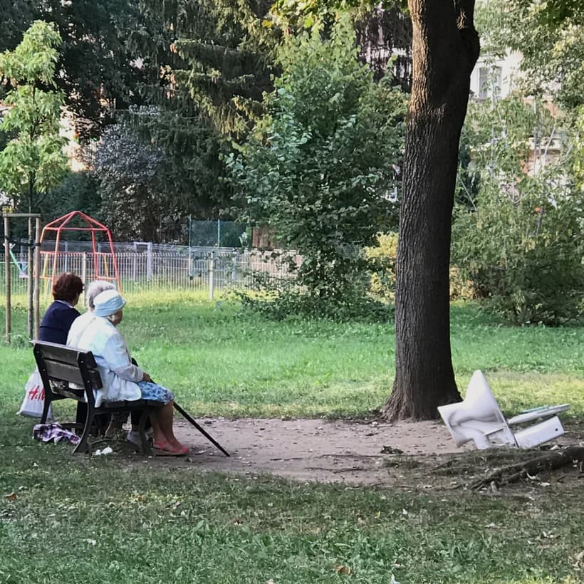 An empty bench under trees in a quiet park on the edge of Warsaw