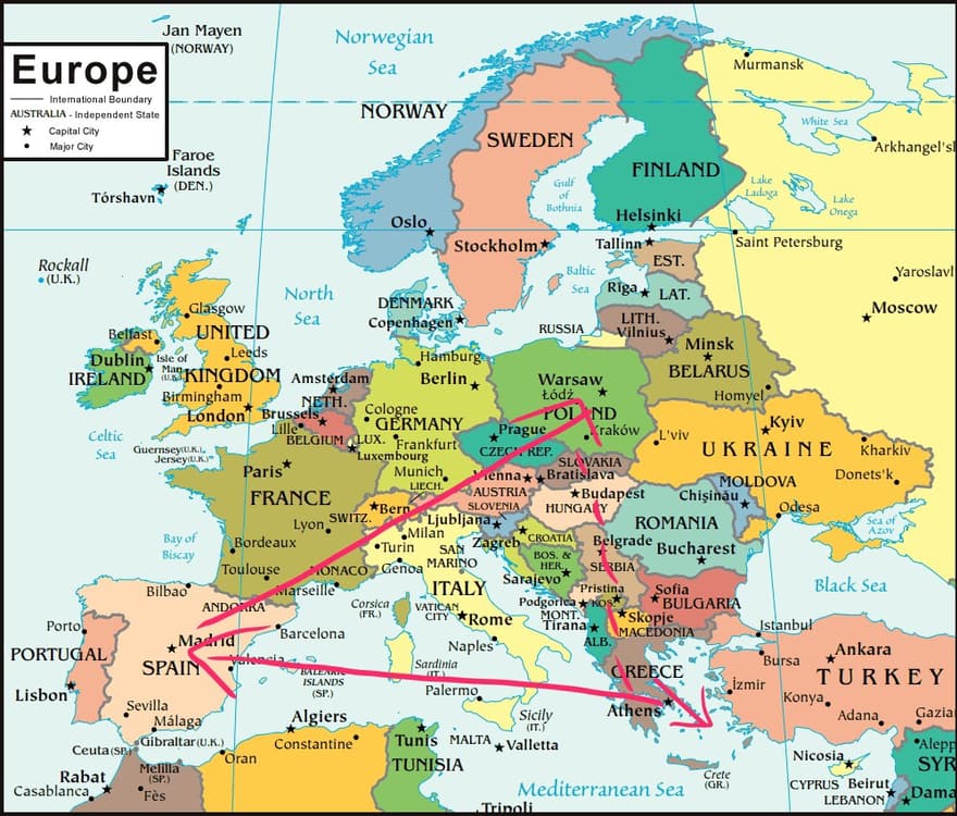 A map of Europe with the route from Greece to Spain to Poland drawn on it