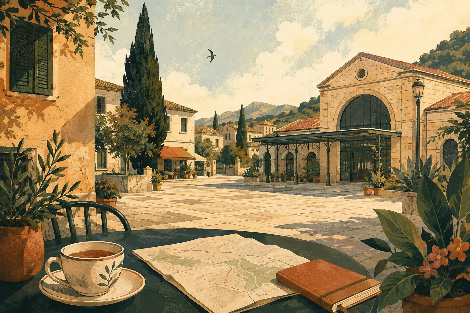 Illustration of a café table with a map, a notebook and a cup of coffee in a sunlit village square