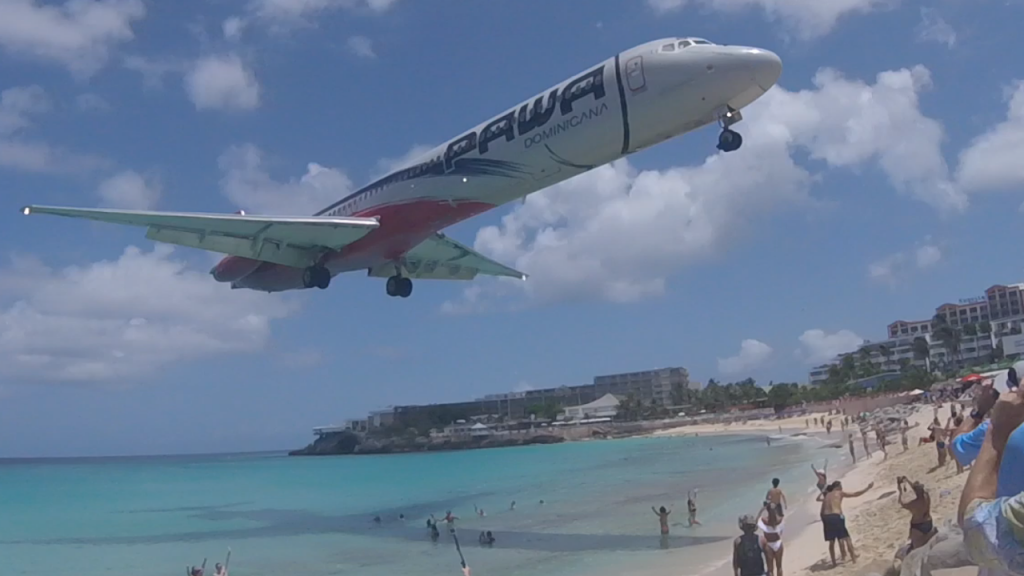 Flight landing over Maho Beach