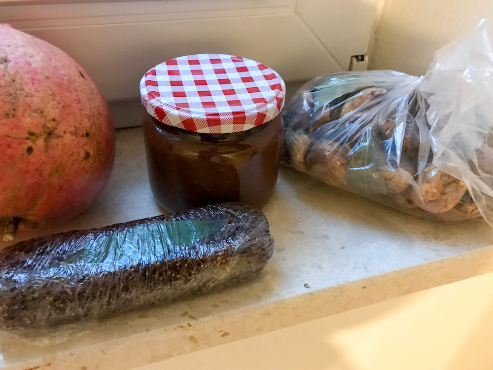 Homemade fig jam, dried figs, and a fig bar from Zadar, Croatia.