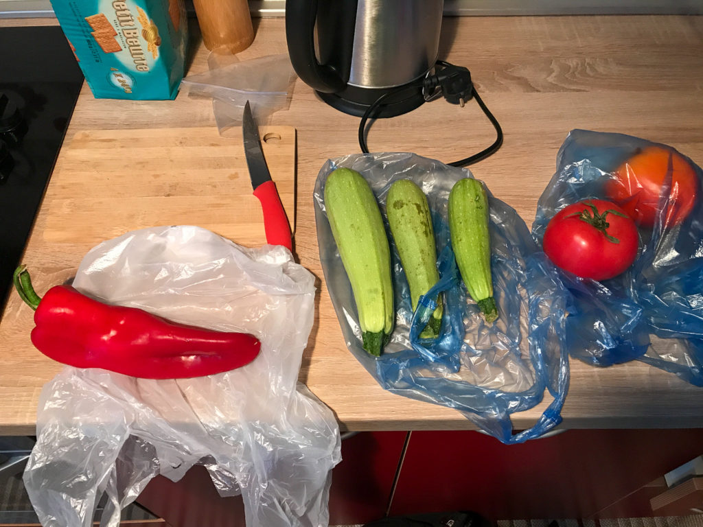 Preparing sauteed vegetables for lunch.